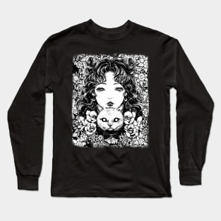 Manga Cat Lover Girl Creepy Drawing - Dark manga art Emo Long Sleeve T-Shirt